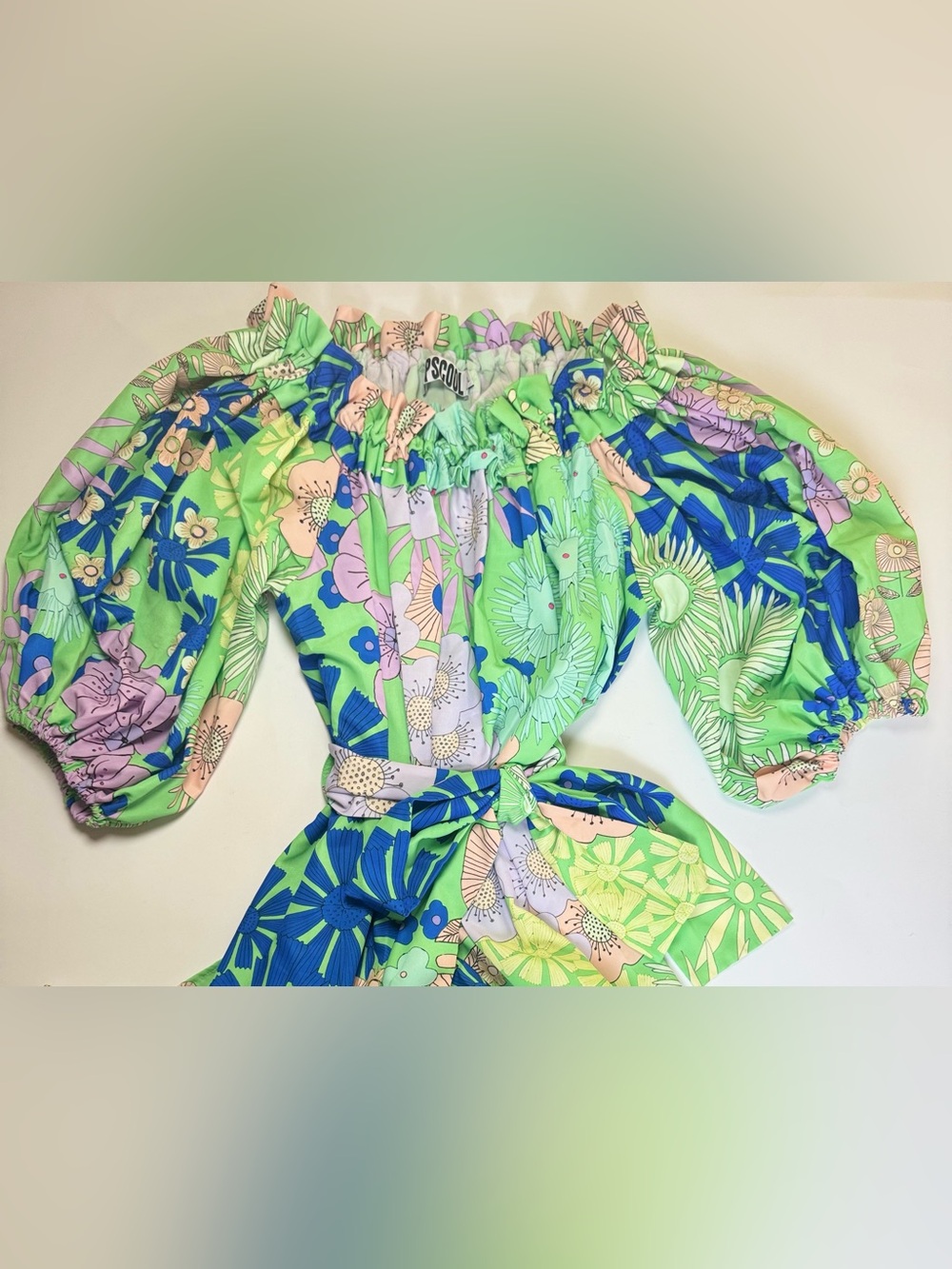 Anthropologie Oopscool Floral Puff Sleeve Off Shoulder Midi Dress Green - Picture 5 of 11